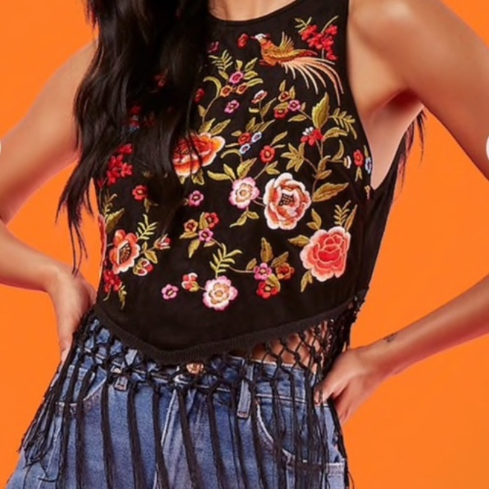 Embroidered Black Fringe Crop Top